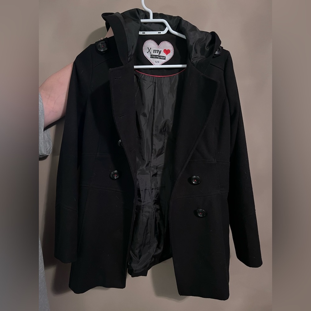 Black pea coat with hood, size small.